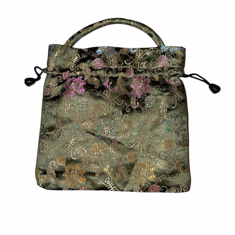 olive green Chinese silk brocade drawstring handbag pink gold floral embroidery